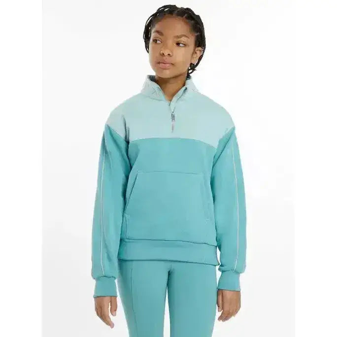 Two-tone teal and light blue fleece lemieux young rider kate quarter zip sweat lagoon with half-zip collar and front pocket
