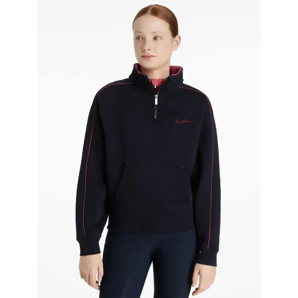 Black lemieux young rider kate quarter zip fleece jacket with pink piping and subtle chest logo zip sweat navy style
