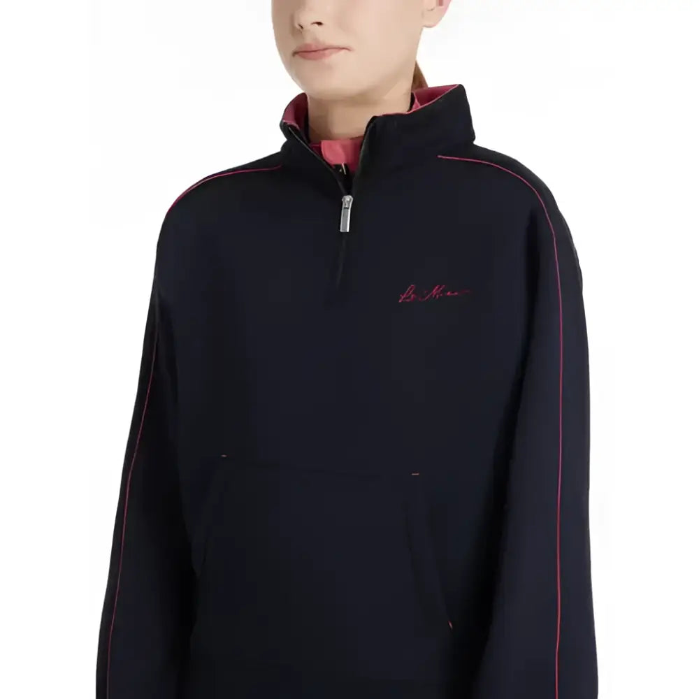 Black lemieux young rider kate quarter zip fleece jacket with pink trim and embroidered logo zip sweat navy style