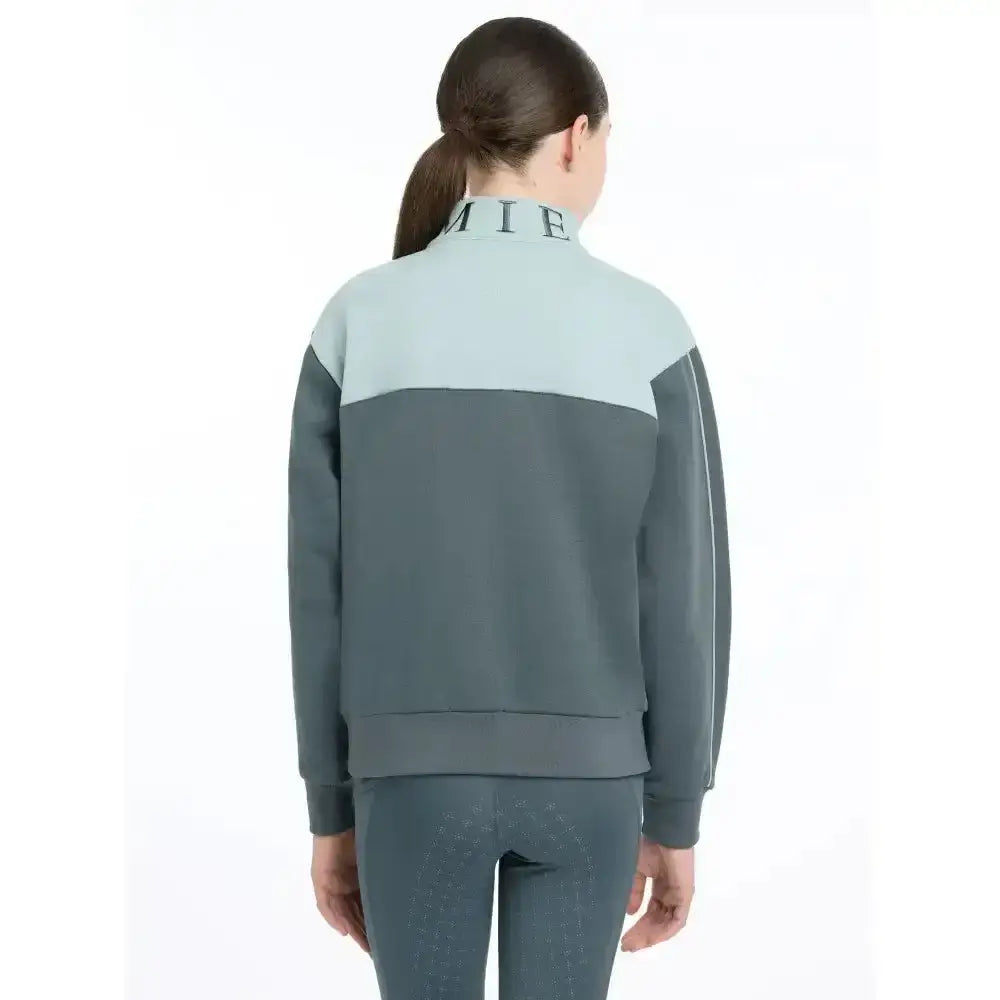 Lemieux young rider kate quarter zip fleece jacket in two-tone gray and light blue with high collar and zip sweat petrol detail