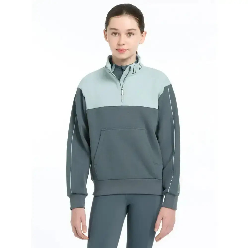 Lemieux young rider kate quarter zip sweat petrol in two-tone gray and light blue with front pocket and white sleeve piping