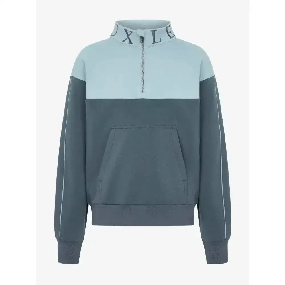 Lemieux young rider kate quarter zip sweat petrol in two-tone gray and light blue with ribbed collar and white seam stripes
