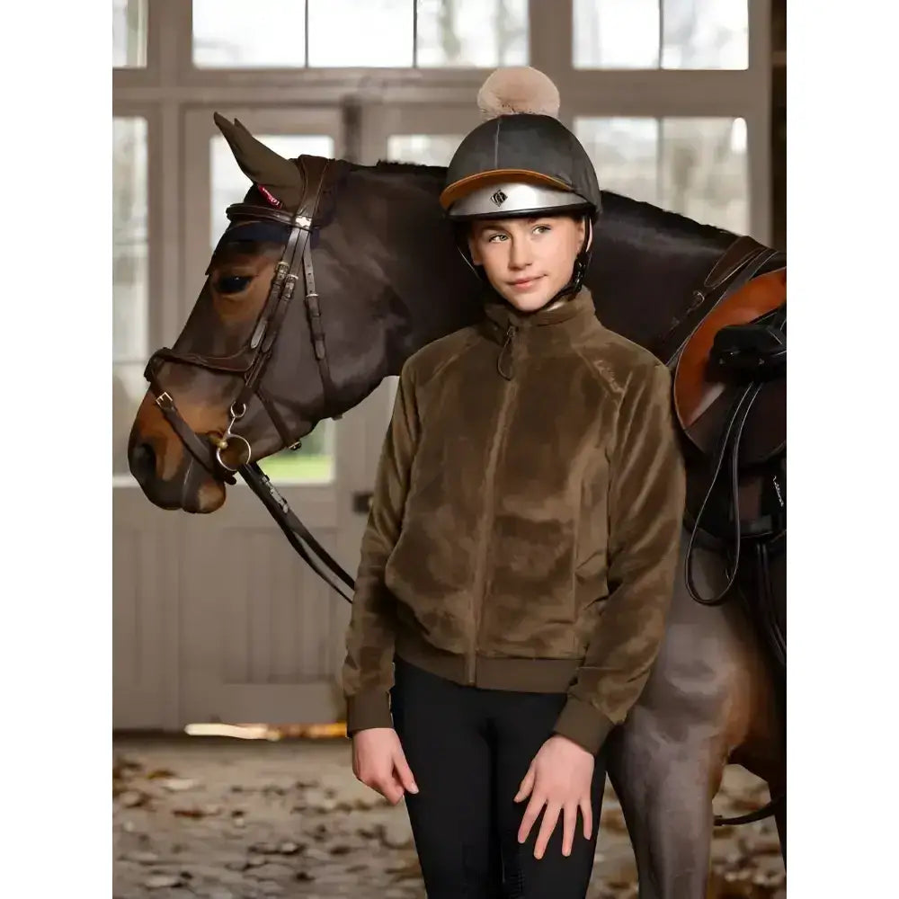 Brown suede lemieux young rider libby fleece alpine jacket with high collar and front zipper for cool weather riding