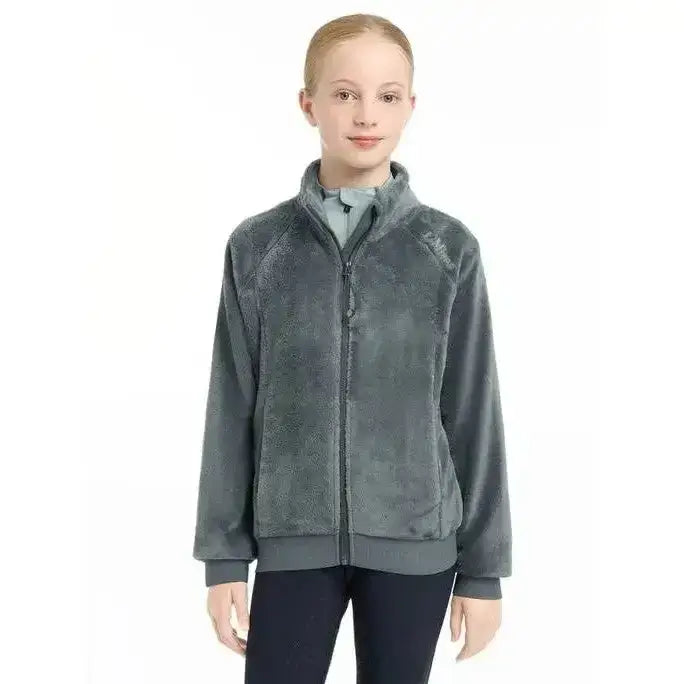 Dark gray plush fleece zip-up jacket with ribbed cuffs and hem lemieux young rider libby fleece petrol