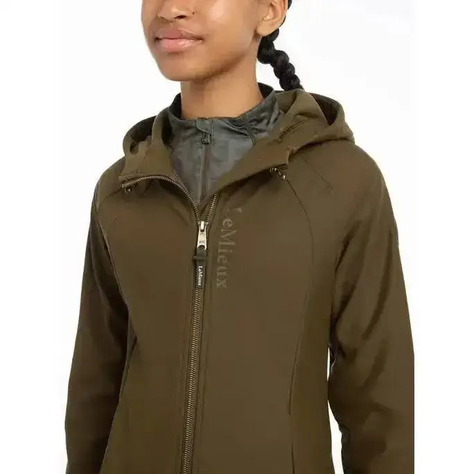 Olive green lemieux young rider lottie soft shell jacket with waterproof hood and matching inner lining for outdoor use