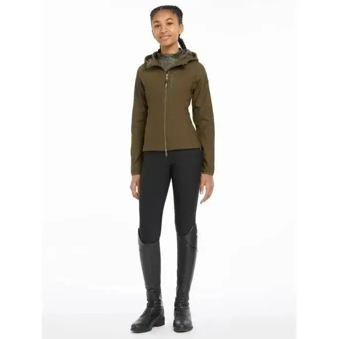 Olive green lemieux young rider lottie soft shell jacket with hood and subtle gold zipper accents perfect for riding