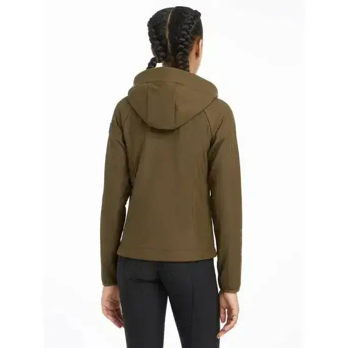 Olive green lemieux young rider lottie soft shell jacket with hood and sleek seam detailing for active wear