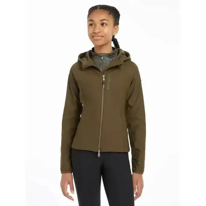 Olive green lemieux young rider lottie soft shell jacket with waterproof hood and matching zipper pulls