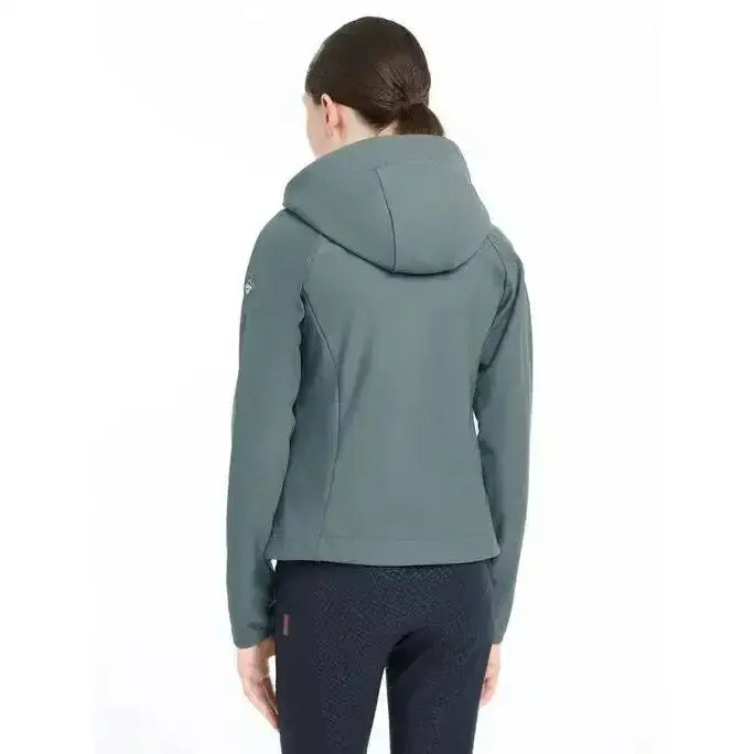 Sleek olive-green lemieux young rider lottie soft shell jacket with a hood and modern streamlined design