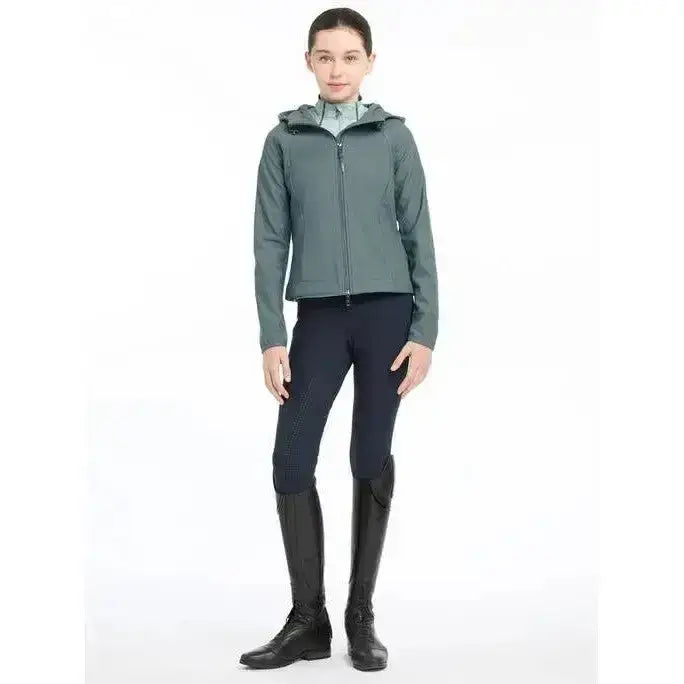 A sleek dark green lemieux young rider lottie soft shell jacket with a hood and subtle stitching details