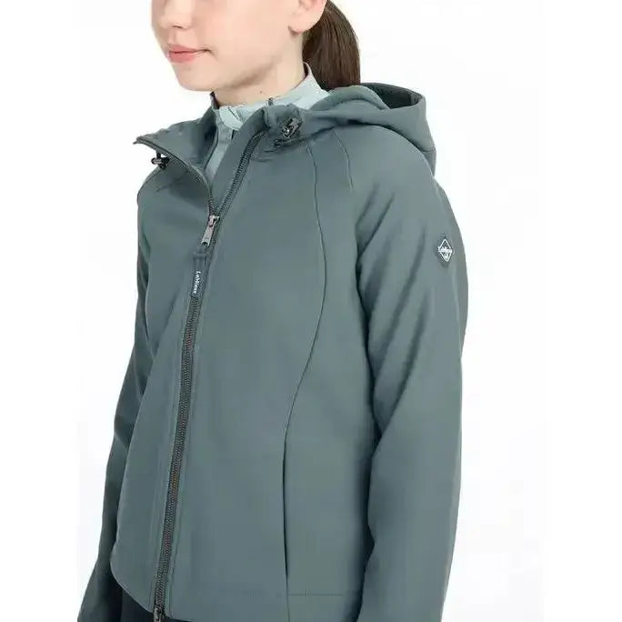 A sleek dark gray waterproof lemieux young rider lottie soft shell jacket with hood and front zipper
