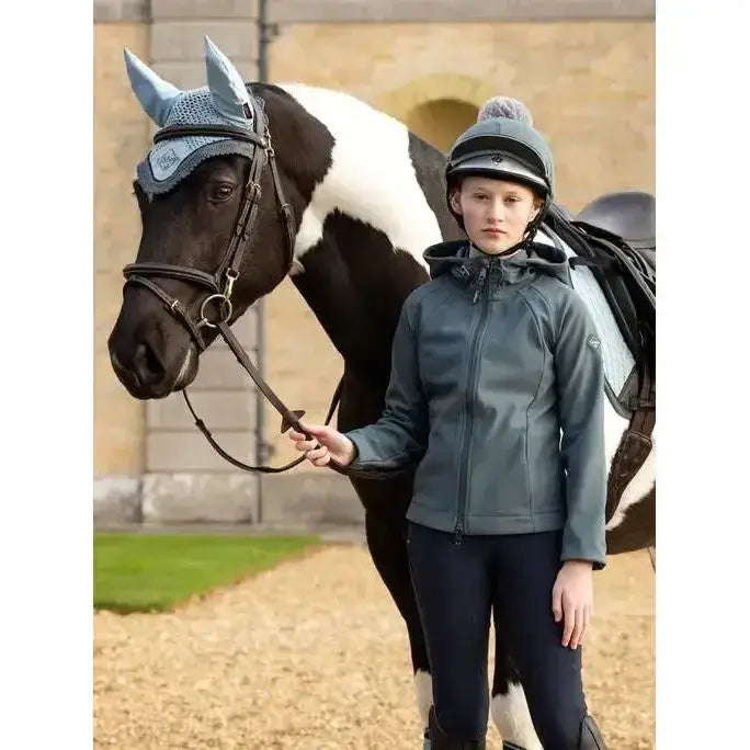 The lemieux young rider lottie soft shell jacket petrol is a dark gray zippered equestrian jacket with hood and subtle branding
