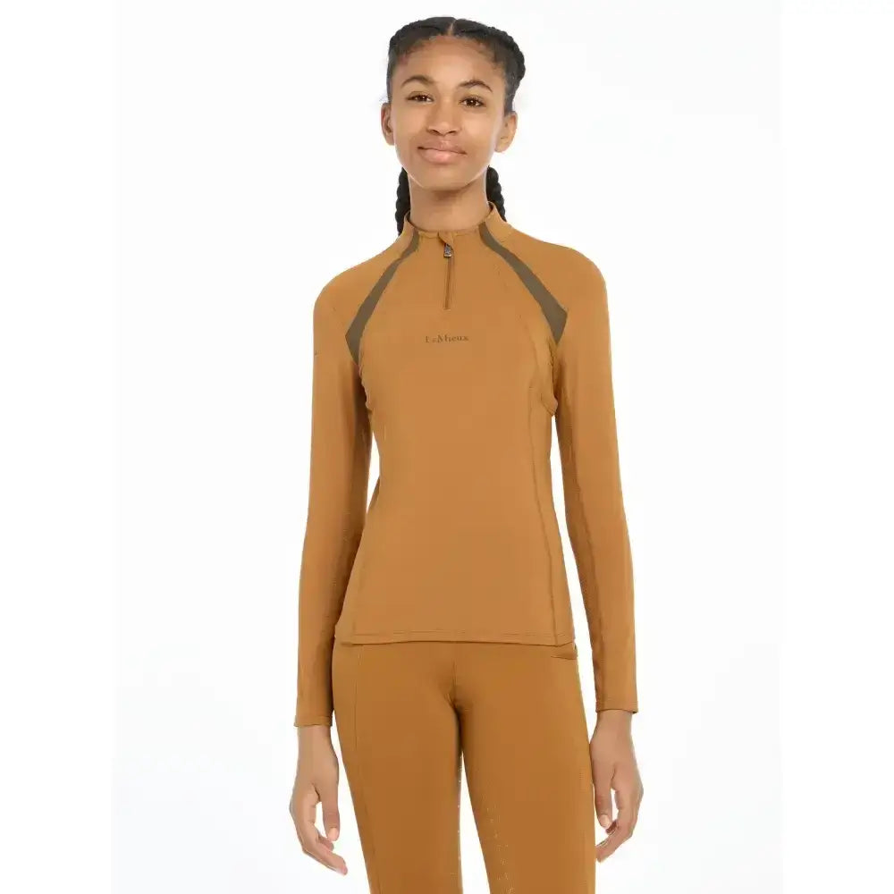 Lemieux young rider mia mesh base layer in mustard yellow with dark gray panels and quarter-zip collar long sleeve top
