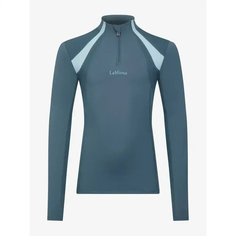 A lemieux young rider mia mesh base layer in petrol gray with light blue panels and a half zip neckline