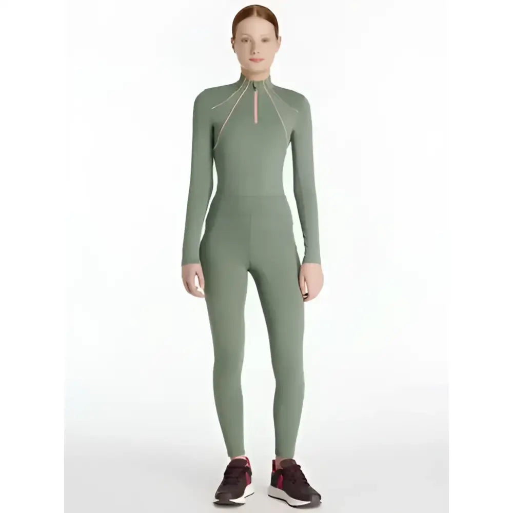 Sleek olive green lemieux young rider nell brushed pull long sleeve jumpsuit with high collar and gold zipper accents