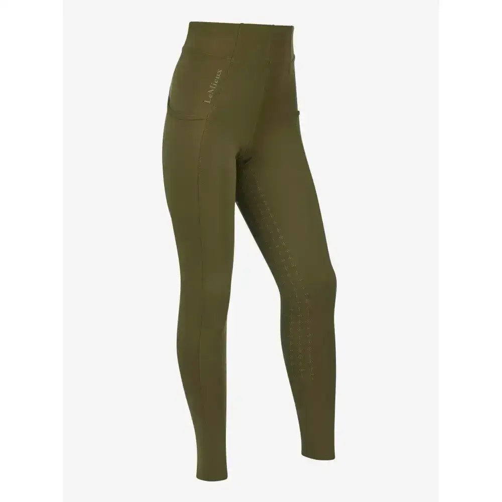 Olive green high waisted lemieux young rider orla pull ons with subtle perforated detailing and thigh logo