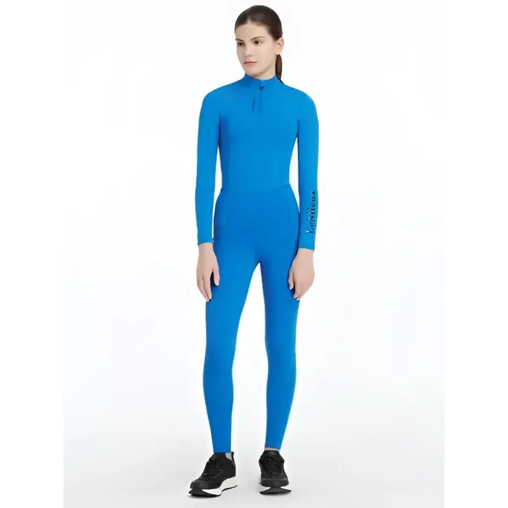 Bright blue lemieux young rider orla pull ons benetton blue form-fitting long sleeve one-piece athletic suit with high collar