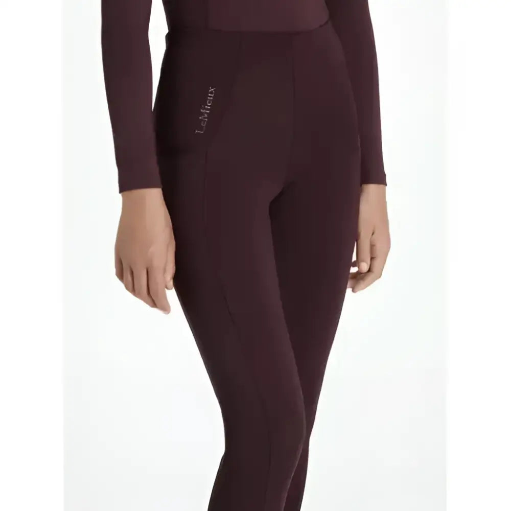 Maroon lemieux young rider orla pull ons damson leggings with sleek fit and subtle thigh embroidery