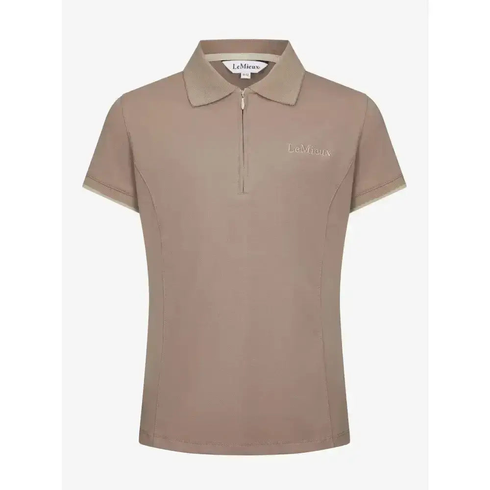 Beige lemieux young rider polo shirt with a half zip collar subtle chest logo and soft pique fabric in mink color