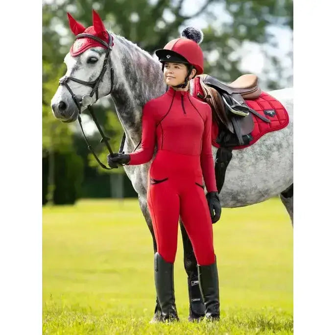 Red lemieux young rider breech chilli with black accents and high collar perfect for young riders riding gear