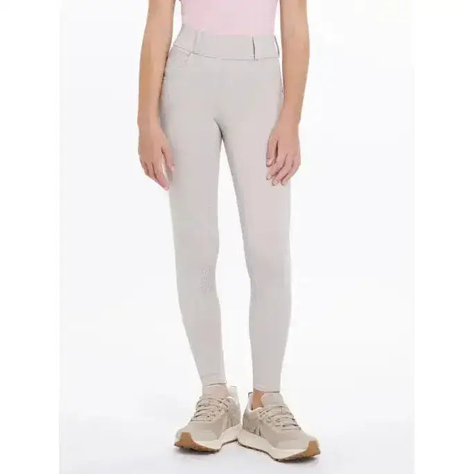 Light gray lemieux young rider remi breggings stone with high waist and subtle stitching in form-fitting riding pants