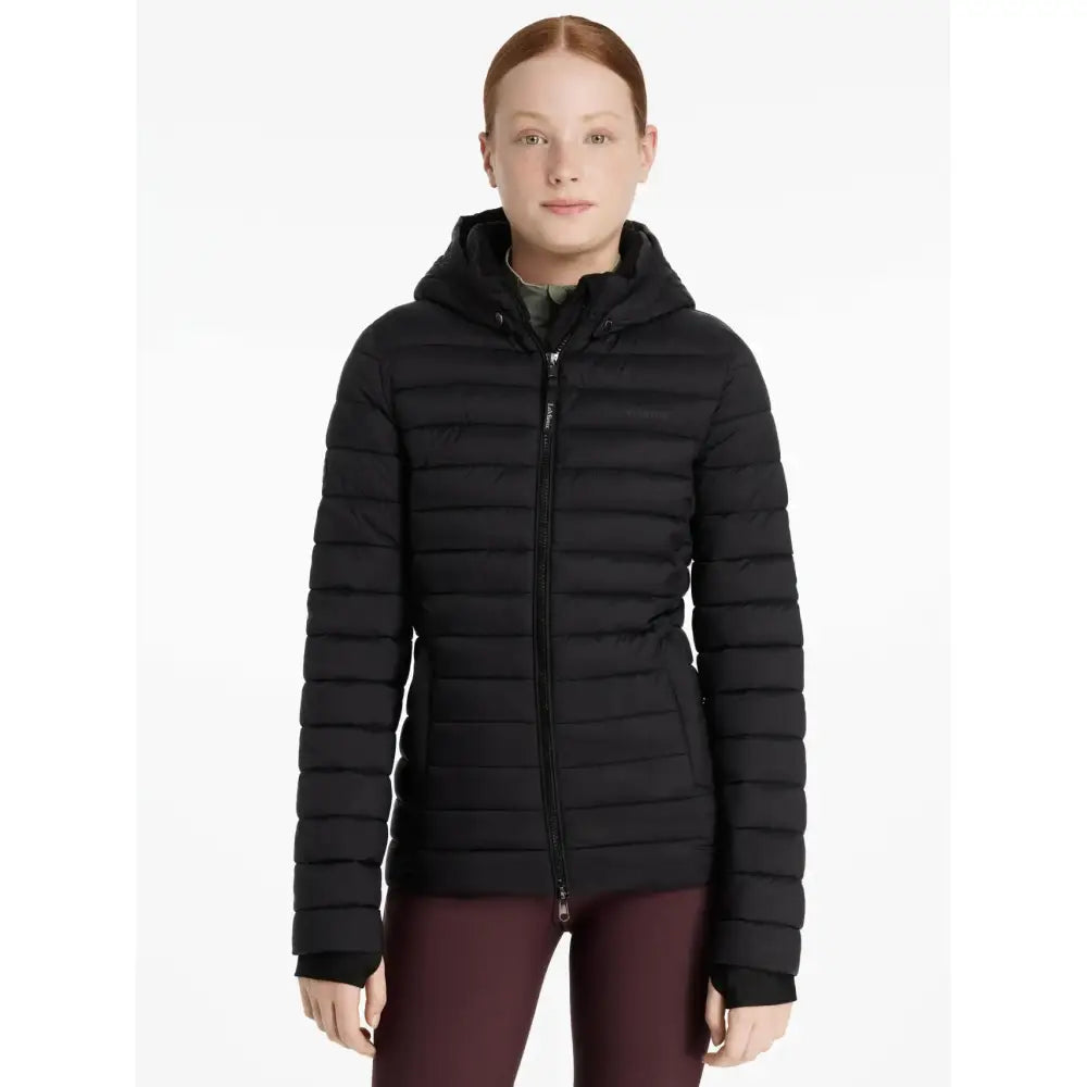 Black quilted hooded puffer jacket lemieux young rider ruby puffer jacket perfect for cold rides