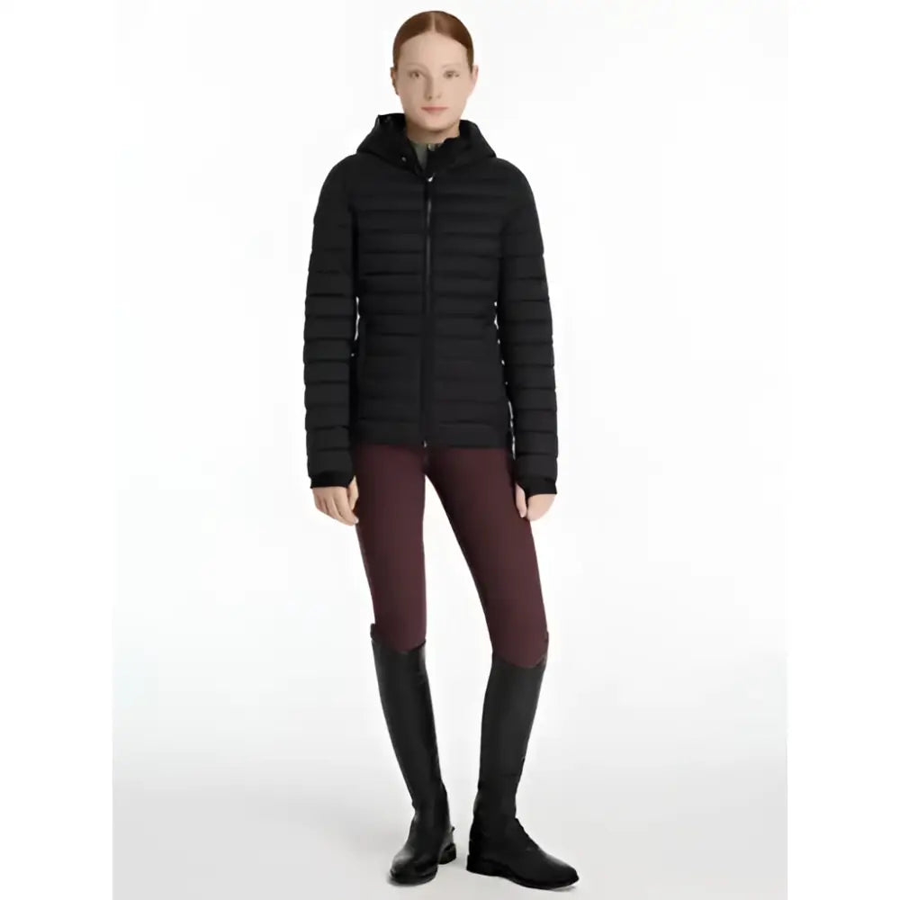 Black quilted lemieux young rider ruby puffer jacket with hood perfect for cold weather riding