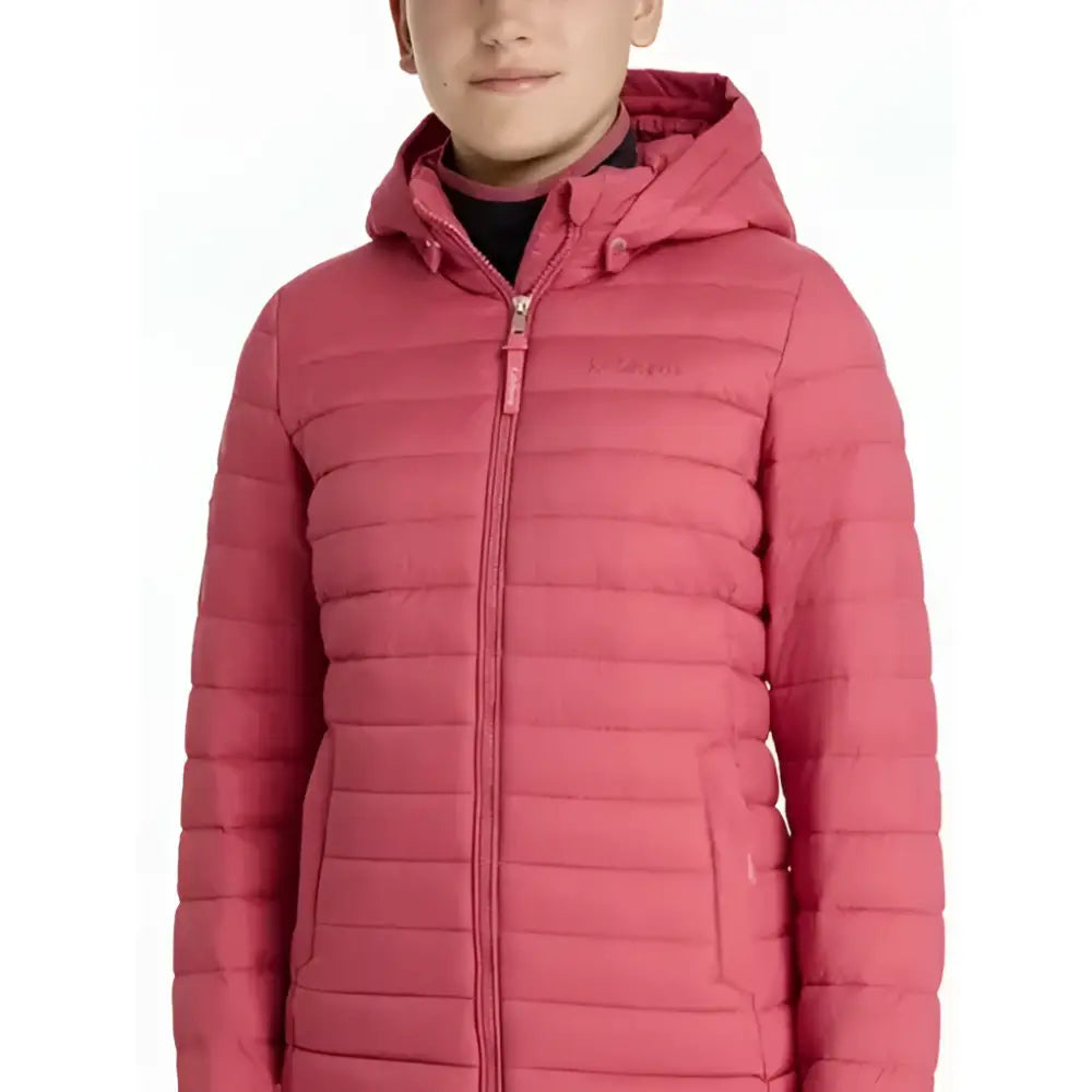 A pink quilted hooded lemieux young rider ruby puffer jacket with central zipper and two front pockets