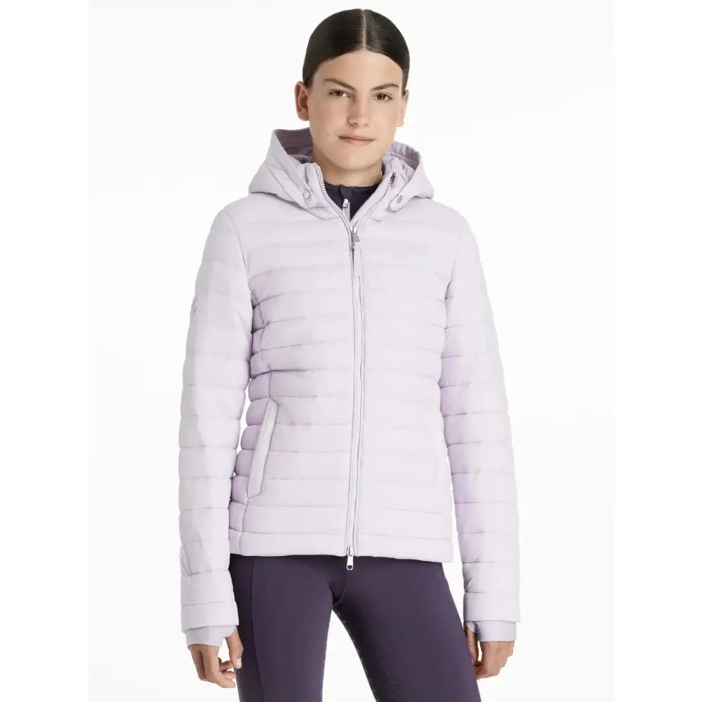 Light lavender lemieux young rider ruby puffer jacket with quilted hood and full zipper perfect for chilly rides