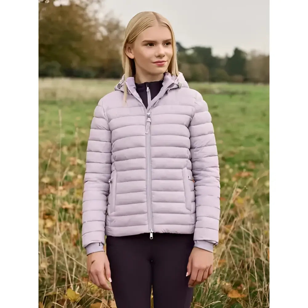 A lemieux young rider ruby puffer jacket in light lavender with quilting hood and front zipper for warmth