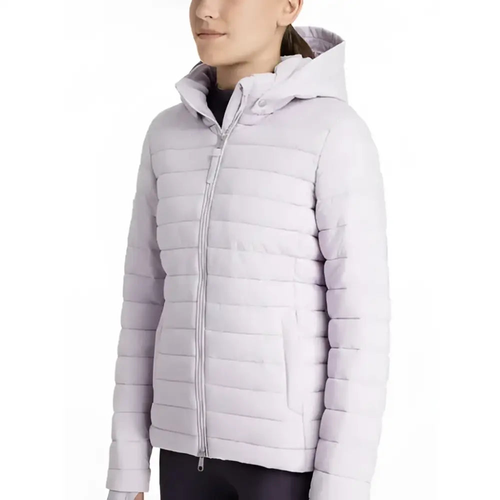 A light lavender lemieux young rider ruby puffer jacket with quilted hood and silver zipper accents