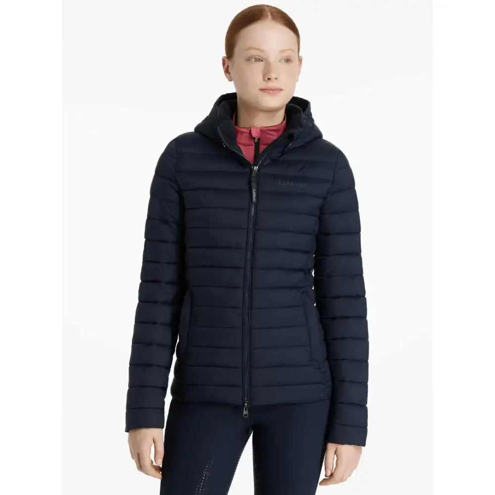 Navy blue quilted hooded puffer jacket lemieux young rider ruby puffer jacket perfect for cold weather