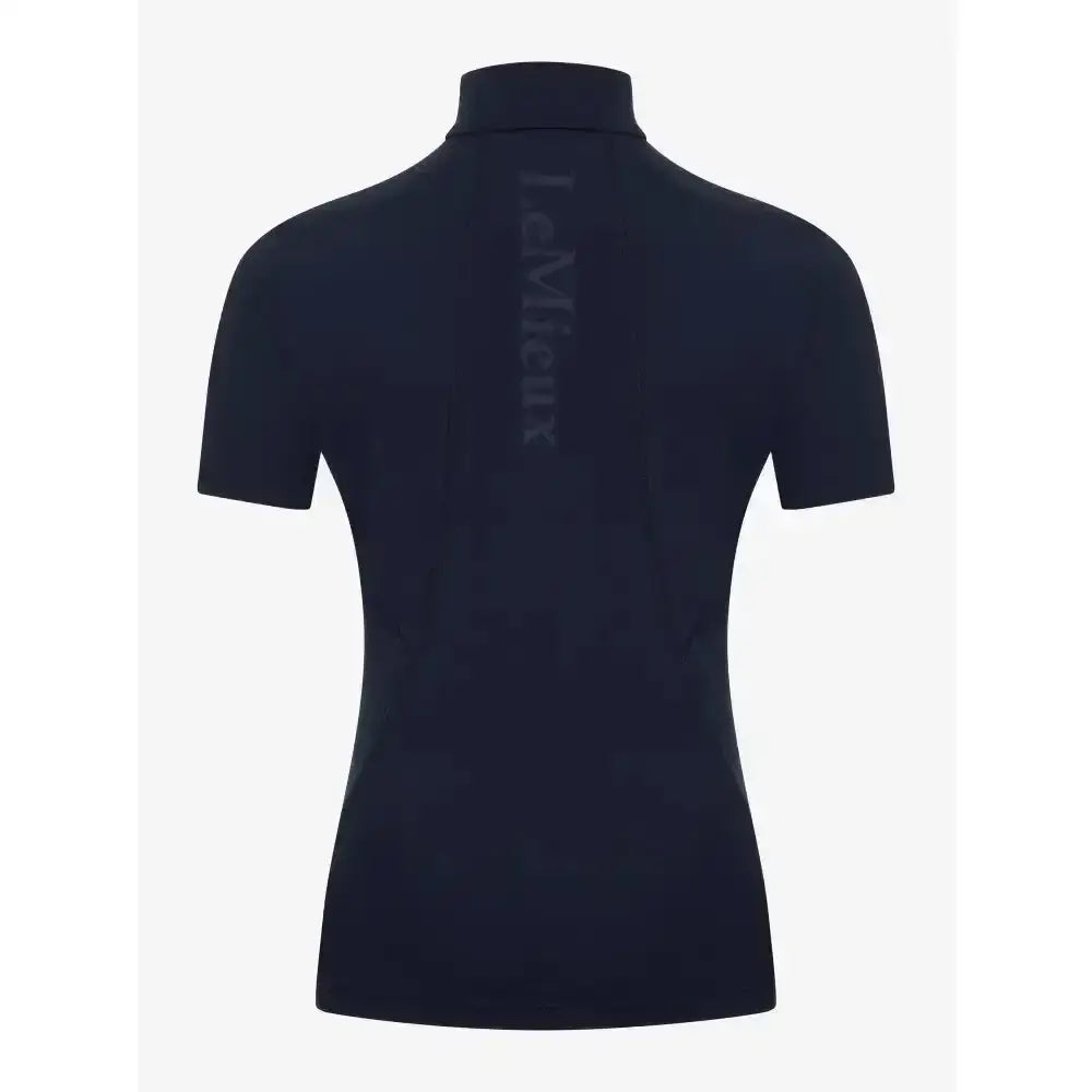 Black short-sleeved turtleneck back view with subtle vertical logo lemieux young rider base layer indigo