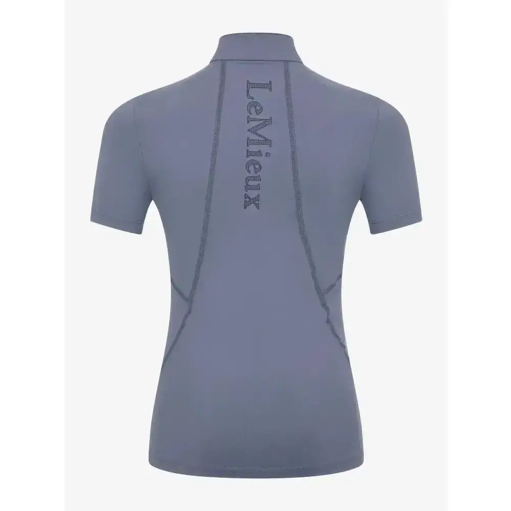 Back of gray lemieux young rider short sleeve base layer jay blue polo with lemieux embroidered vertically