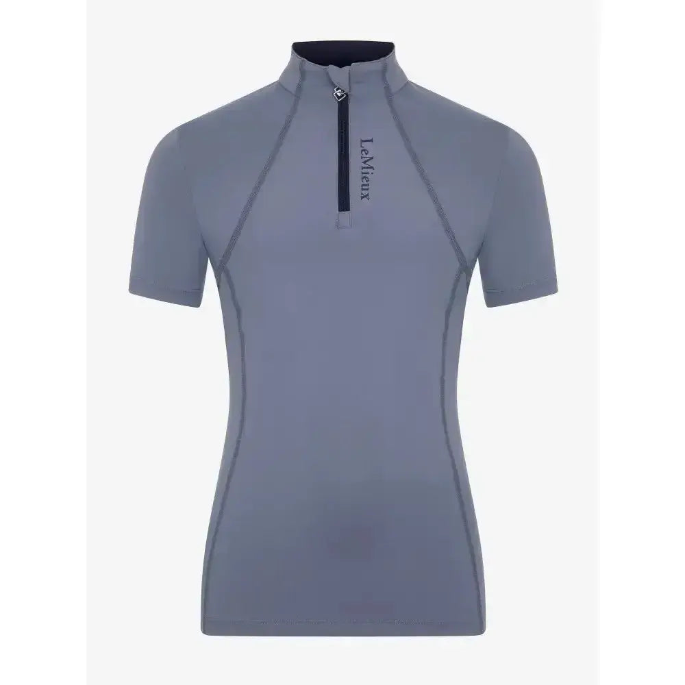 Gray lemieux young rider short sleeve base layer jay blue top with black zipper and trim for performance use