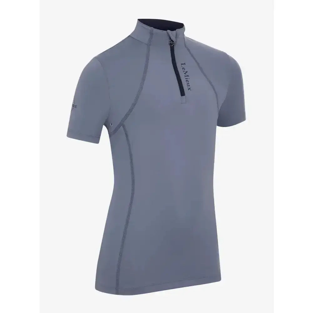 Gray lemieux young rider short sleeve base layer jay blue with black zipper and trim and lemieux logo on chest