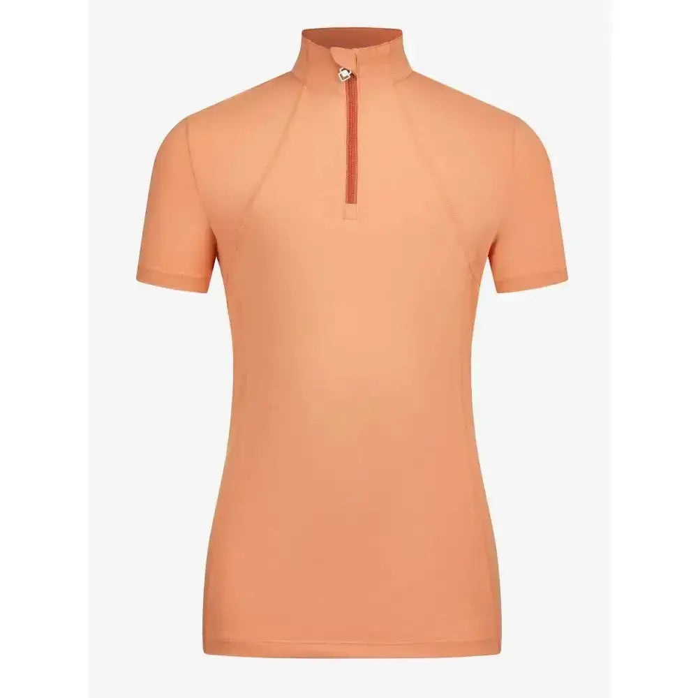 Peach-colored lemieux young rider short sleeve base layer sherbet with high collar and half-zip front athletic top