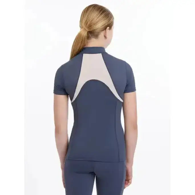 Back of navy blue lemieux young rider short sleeve mia mesh base layer with white geometric design for athletic use