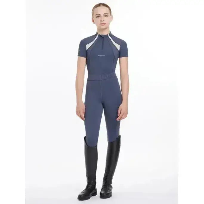 Navy blue and white lemieux young rider short sleeve mia mesh base layer with zipper neckline for riding comfort
