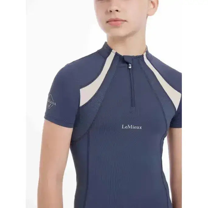 Navy blue lemieux young rider short sleeve mia mesh base layer with white panels and half-zip collar