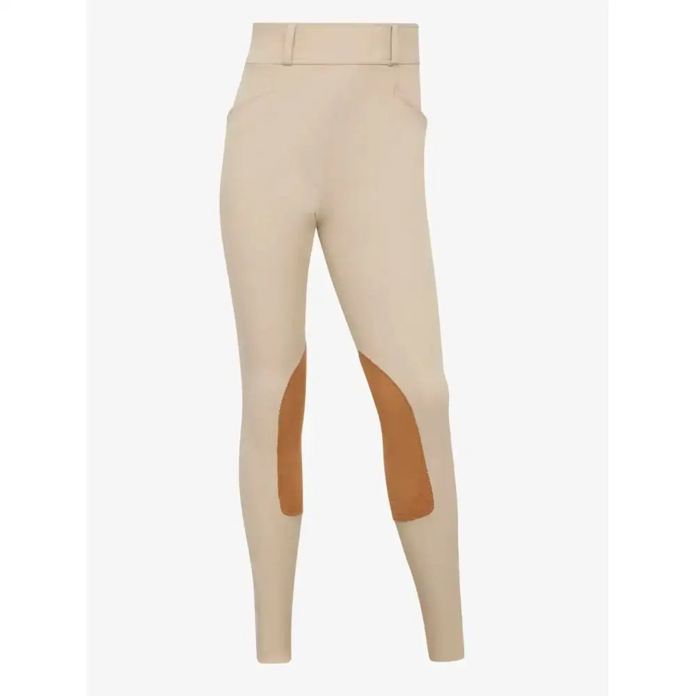 Beige lemieux young rider side zip hunter breeches with tan leather thigh patches for riding comfort