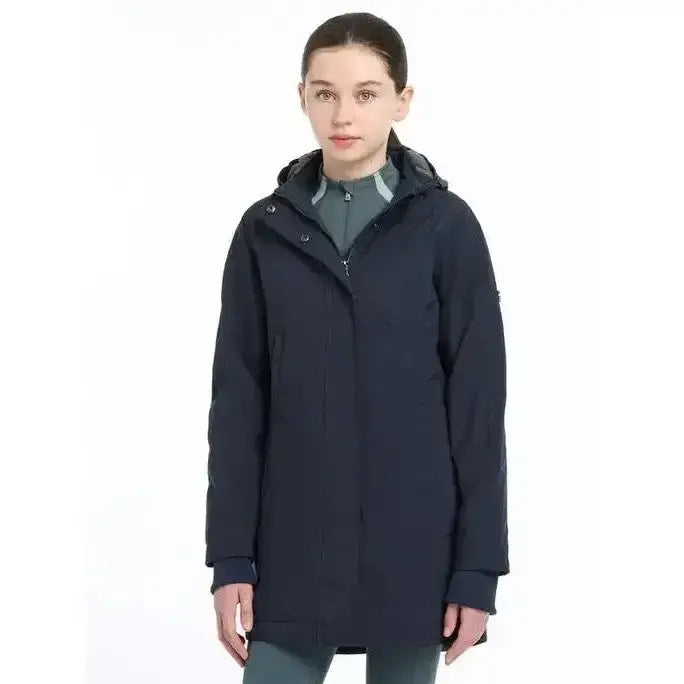 Dark navy lemieux young rider skye waterproof coat with hood and front zipper perfect for winter wear