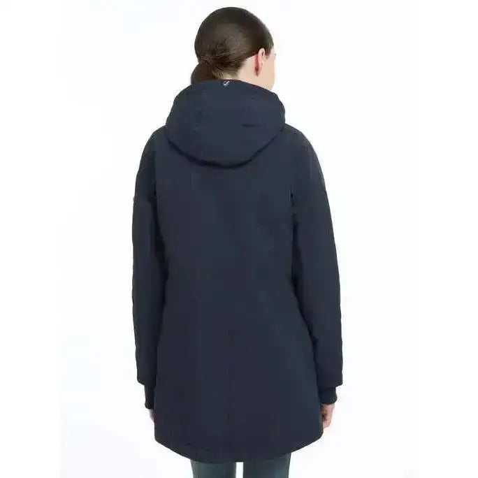 Navy blue lemieux young rider skye waterproof coat with sleek hooded design and subtle stitching details