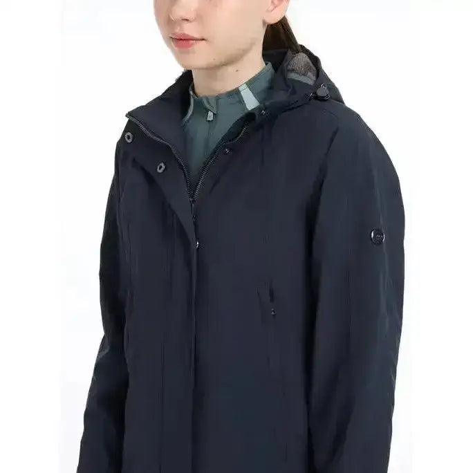 Dark navy lemieux young rider skye waterproof coat with hood front zipper and subtle sleeve logo