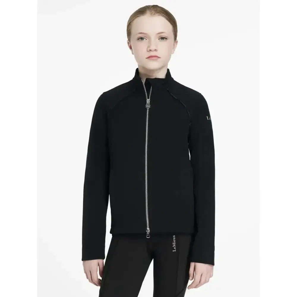 Lemieux young rider soft shell jacket black with silver zipper and subtle logo on sleeve perfect for young riders