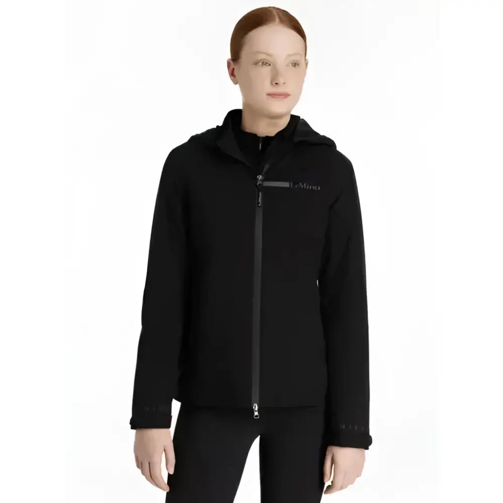 Lemieux young rider thea water resistant jacket black with a hood and subtle branding on chest and cuffs