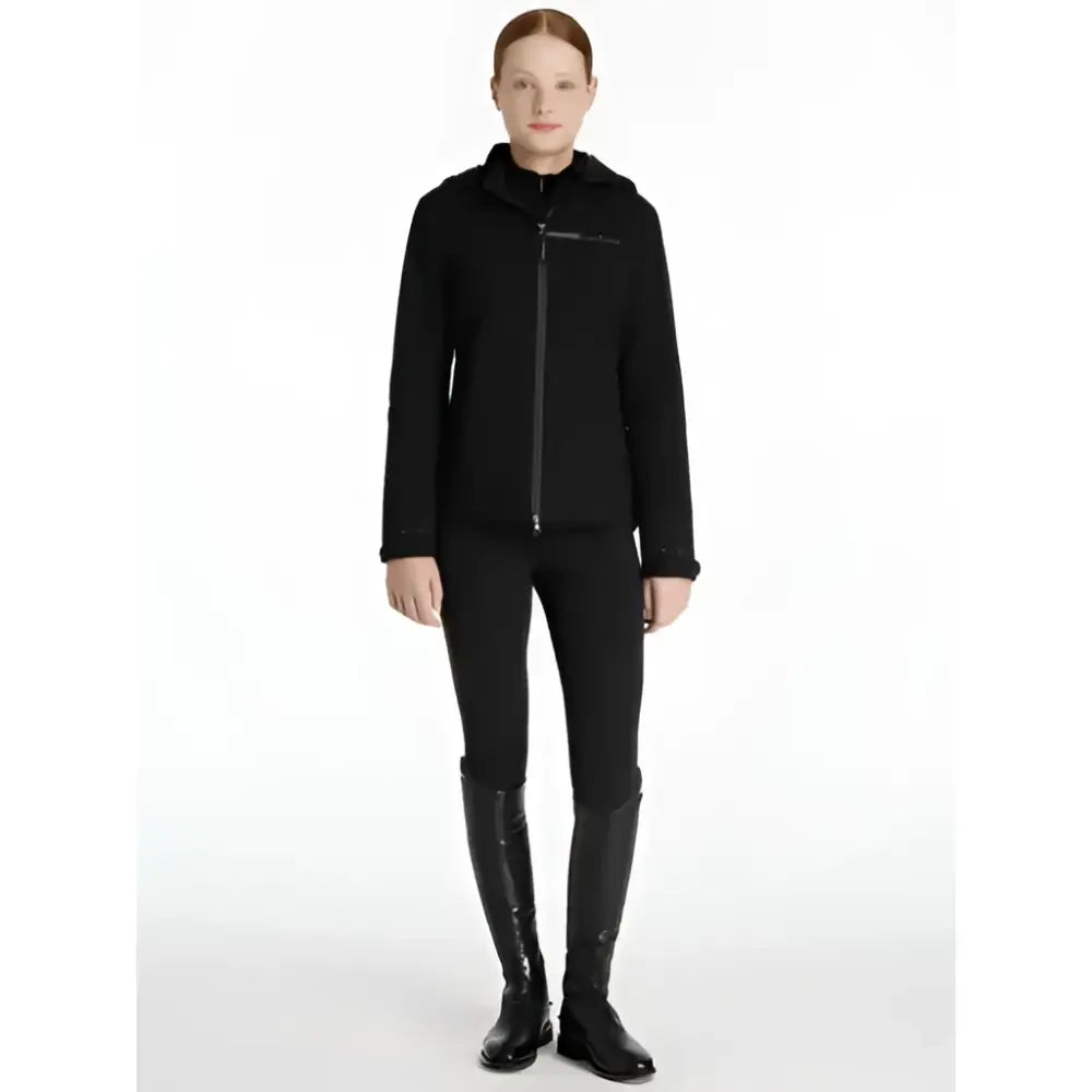 Black hooded lemieux young rider thea water resistant jacket with sleek modern design and subtle stitching details