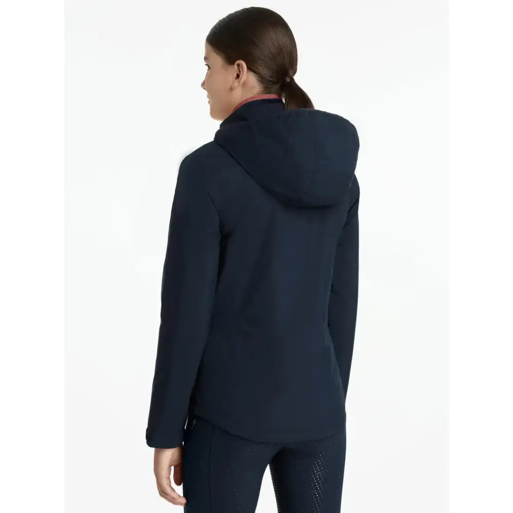 Navy blue lemieux young rider thea water resistant jacket with hood and subtle pink inner collar lining