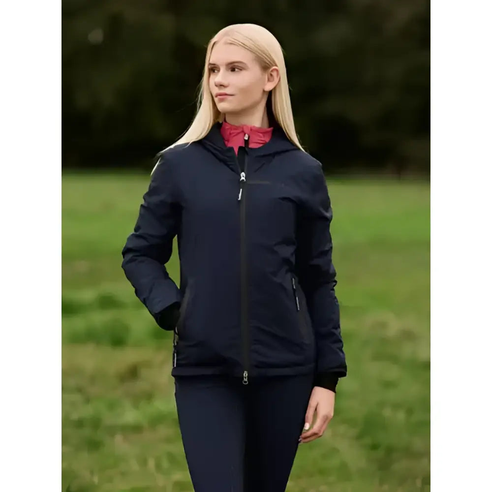 Navy blue lemieux young rider thea water resistant jacket with black zipper accents and subtle side pockets