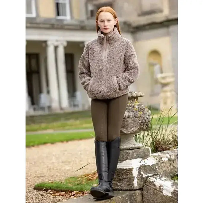 Cozy taupe tia teddy fleece pullover by lemieux young rider with half zip and ribbed cuffs perfect for riders